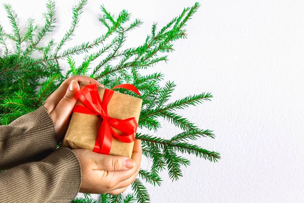 A gift in the hands of a girl against the background of fir branches. New Year Christmas.