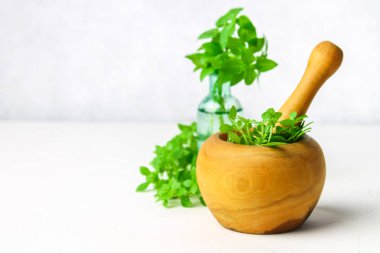 Hafif bir arka plan üzerinde ahşap bir harç yeşil limon fesleğen. Fesleğen şişe.