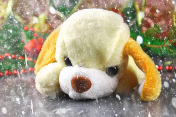 Symbol z psem-zabawką nowy rok 2018 otoczony dekoracyjne elementy świąteczne i jodła oddziałów. — Zdjęcie stockowe