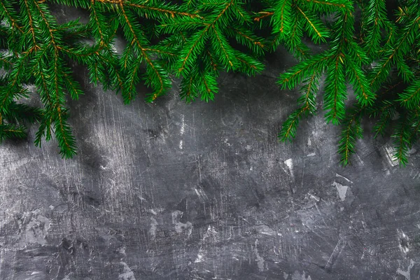 Abeto ramas de Año Nuevo en la parte superior de un fondo de hormigón gris. Año Nuevo Navidad. Espacio libre para texto . — Foto de Stock