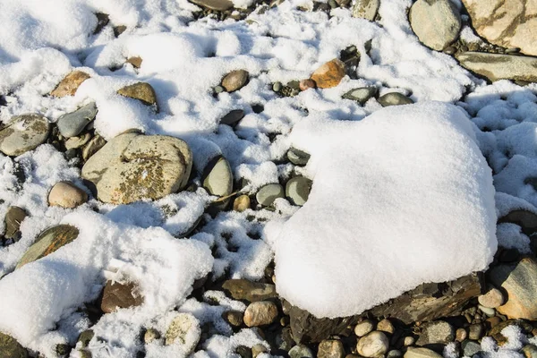 Stenarna täckt med snö i en vinter skog på en solig dag. — Stockfoto