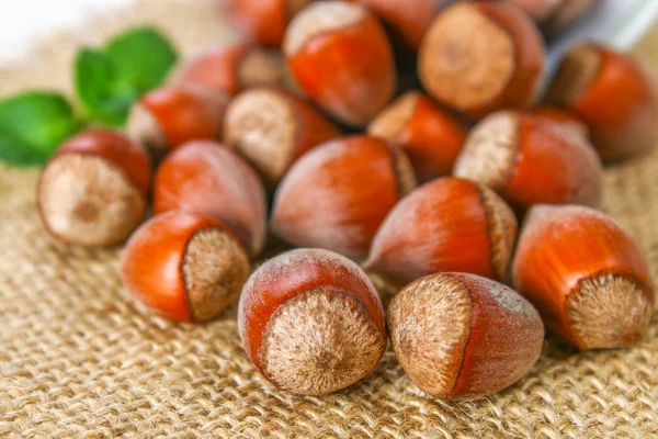 Beyaz ahşap bir masa üzerinde çul üzerinde dağınık ceviz fındık.