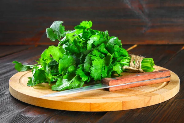 Racimo de cilantro fresco en las tablas, hierbas frescas en la mesa de madera . — Foto de Stock