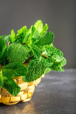 Gri bir arka plan üzerinde sicim ile a demet-in nane bağlı.