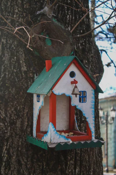 Een creatieve houten Vogelhuis/waterbak in het park. — Stockfoto