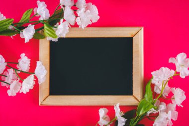 Pembe bir arka plan üzerinde beyaz çiçekler çevrili boş bir kutu ile ahşap bir çerçeve içinde Kara tahta. Uzay kopyalayın. Bahar tatili için şablon.
