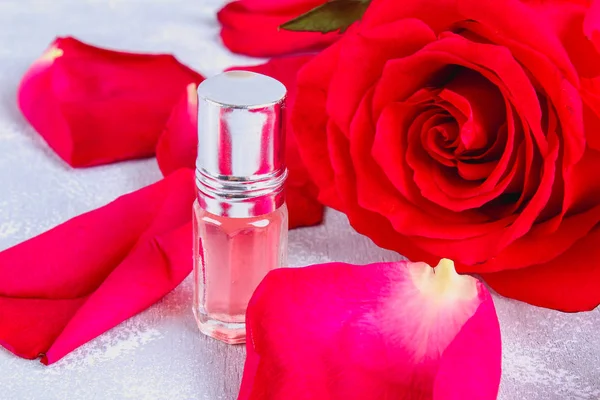 Acqua rosa, olio da petali di rose rosa su un tavolo grigio . — Foto Stock