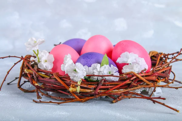 Oeufs de Pâques roses et violets dans un nid avec des fleurs blanches sur un fond de béton gris . — Photo