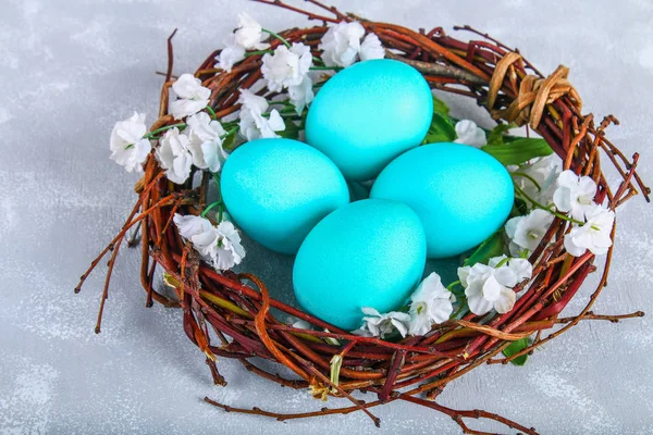 Oeufs de Pâques bleus dans un nid avec des fleurs blanches sur un fond de béton gris . — Photo