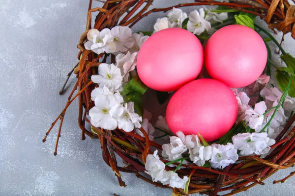 Oeufs de Pâques roses et violets dans un nid avec des fleurs blanches sur un fond de béton gris . — Photo