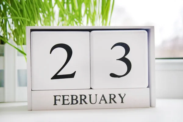 Calendario perpetuo de madera blanca con la fecha del 23 de febrero en la ventana. Día del Defensor de la Patria. Hierba . —  Fotos de Stock
