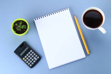Üstten Görünüm görüntüsü açık defter ile boş sayfaları ve mavi arka plan, eklemek için hazır veya sahte kadar kahve. Natürmort, iş, ofis, banka donatımı veya eğitim kavramı.
