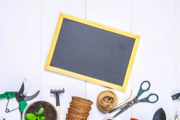 Garden tools, pots, seedlings and chalkboard on a white wooden table. Copy the space. Top view. — Stock Photo, Image