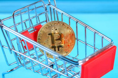 Alışveriş arabası sepeti sikke bitcoin, kripto para birimi için mal satın alma ile.