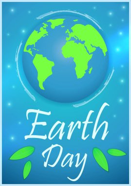 Dünya günü. Vektör çizim kelime, gezegenler ve yeşil yaprakları ile.