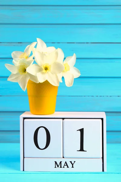 Witte houten kalender met de tekst: 1 mei. Witte bloemen van narcissen op een blauwe houten tafel. Dag van de arbeid en het voorjaar. — Stockfoto