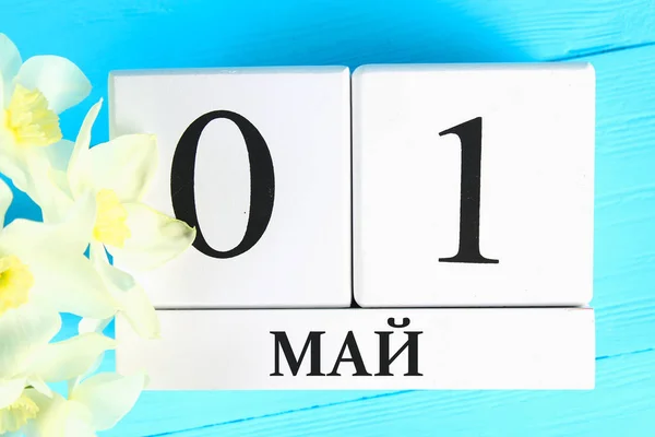 Calendrier en bois blanc avec le texte sur le russe : 1er mai. Fleurs blanches de jonquilles sur une table en bois bleu. Fête du travail et printemps . — Photo