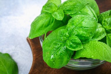 Yeşil taze ev yapımı fesleğen, gri beton masada bir kesme tahtası üzerinde bir cam kasede baharatlı ot.