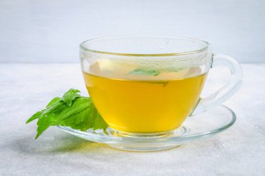 Taze yeşil ısırgan ve bir açık cam bardak bitkisel ısırgan otu çay yaprakları bir gri beton tablo.