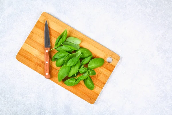 Green fresh home basil, spicy herb on a cutting board with a kni — Stock Photo, Image