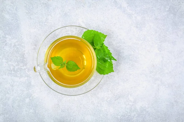 Hojas de ortiga verde fresca y una taza de vidrio transparente de red de hierbas — Foto de Stock