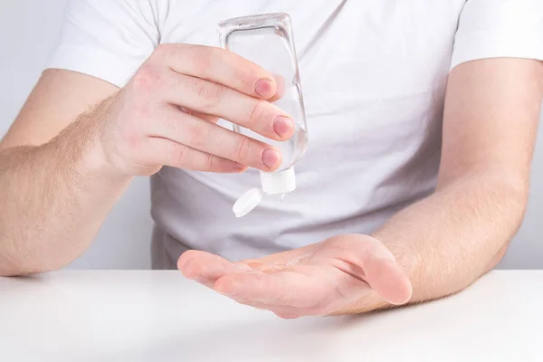 Man Person Using Small Portable Antibacterial Hand Sanitizer Hands — Stock Photo, Image