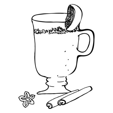 Mulled şarap elle çizilmiş kroki vektör çizim portakallı kokteyl. Retro vintage yılbaşı yeni yıl içki