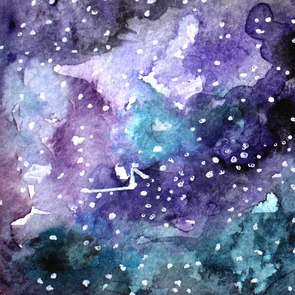 Textura espaço aquarela com estrelas brilhantes. Noite céu estrelado com traços de tinta e swashes. Ilustração vetorial . — Vetor de Stock