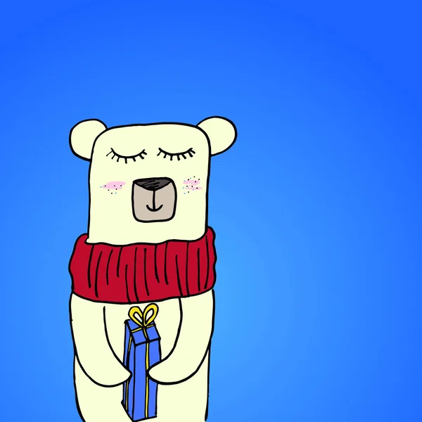 Mão desenhada bonito sorrindo desenho animado polar urso em cachecol segurando caixa de presente Feliz Natal. Desenho de férias de inverno. Esboço Feliz Ano Novo . — Vetor de Stock