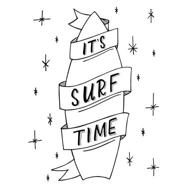Vektör elle çizilmiş ve teklif - sörf zamanı. Yaz sörf tipografi tasarımı ile yazdırın. Kaligrafi poster