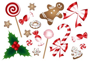 Noel tanımlama bilgileri koleksiyonu gingerbread ve çerezler ile rakamlar izole beyaz zemin üzerine - xmas şeker kamışı, zencefilli kurabiye adam, yıldız.