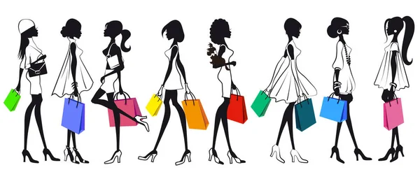 Shopping kızlar kadın siluetleri kümesi. Beyaz arka plan üzerinde izole. Alışveriş. Satılık