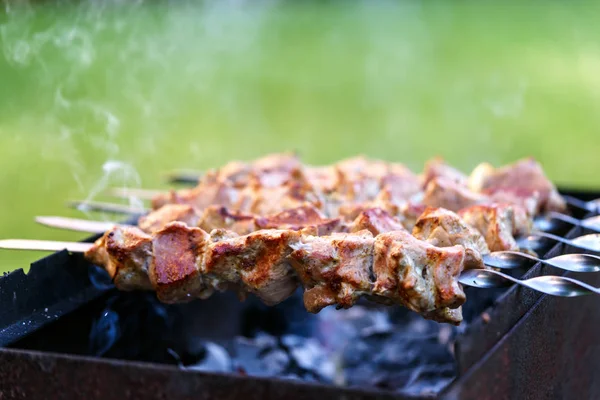 Барбекю, мясо жареное, шашлыки мясо, барбекю, мясо на гриле древесного угля — стоковое фото