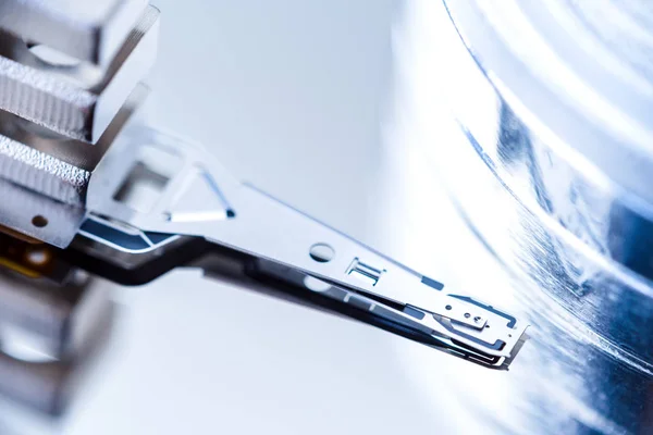 Closeup inside the hard drive, read write head — Stock Photo, Image