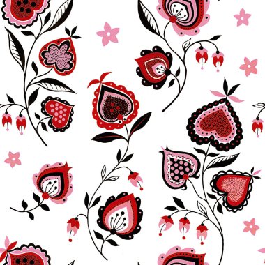 Folk flowers seamless pattern. Flowers and abstract hearts painted for fabric texture. Folk wild nature background. Traditional native art decorative ornament on white background.