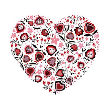 Heart shape made of folk flowers, dots, abstract hearts. Valentine's day. Happy Valentine's day greeting card template in heart shape isolated on white background.
