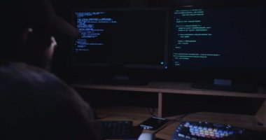Karanlık odada oturan bilgisayar korsanı 