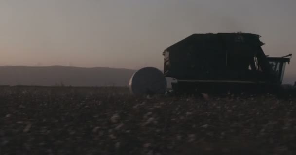 Tiro de seguimiento de una cosechadora de algodón en un campo de algodón durante la puesta del sol — Vídeos de Stock