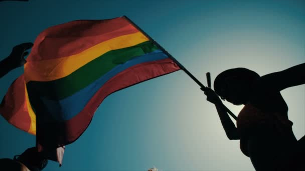 Slow motion shot of the pride flag waving in the wind — Stock Video