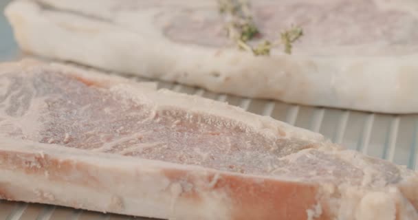 Cozinhar carne em uma placa de grelhar ao ar livre — Vídeo de Stock