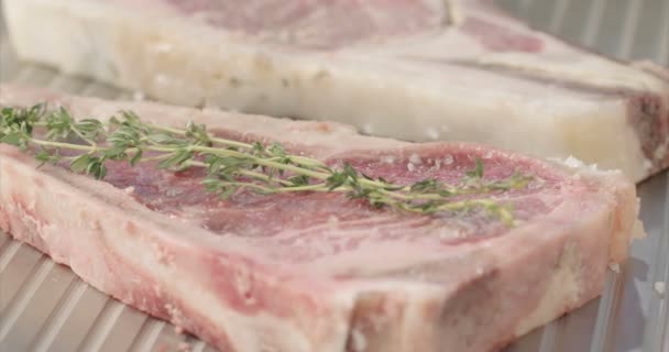 Vlees koken op een buiten grillen plaat — Stockvideo