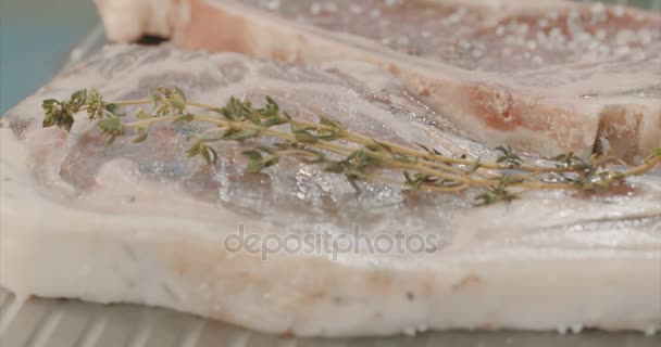 Cuisson de la viande sur une plaque de cuisson extérieure — Video