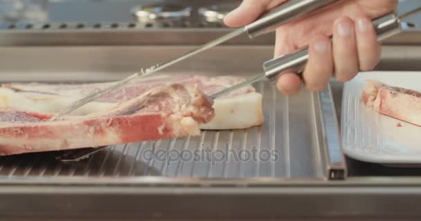 Carne cocinada en un plato a la parrilla — Vídeos de Stock