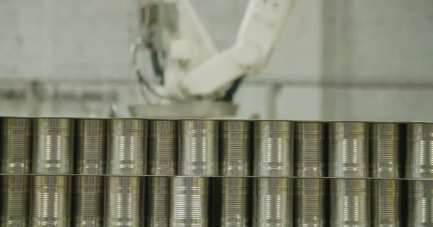 Braço robótico colocando alimentos enlatados para embalagem em um armazém — Vídeo de Stock