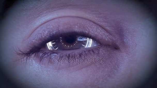 Close-up of high tech cyber eye with zoom into eye to black — Stock Video