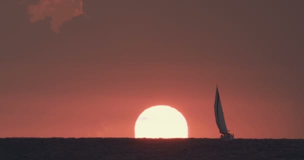 帆ボートのシルエット、超望遠映像で海に沈む夕日 — ストック動画