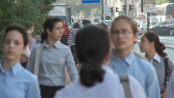 Bnei Brak Israel, Circa 2011 - Strada trafficata con ebrei ortodossi che camminano — Video Stock