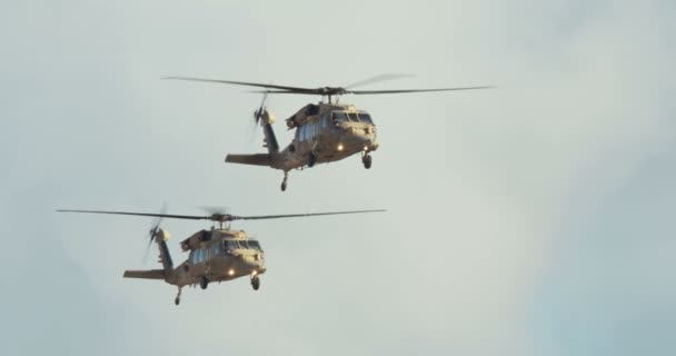 Dois helicópteros blackhawk da Força Aérea Israelita voam em formação a baixa altitude — Vídeo de Stock