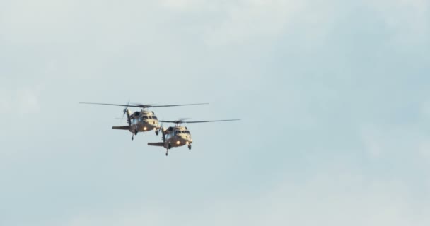 Dwa śmigłowce blackhawk latać na niskich wysokościach — Wideo stockowe