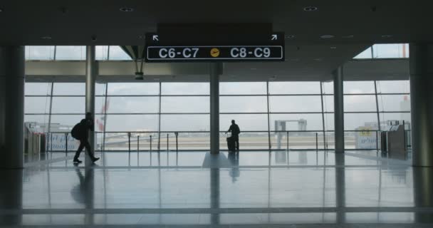 Силуэт людей в терминале аэропорта, идущих с багажом — стоковое видео